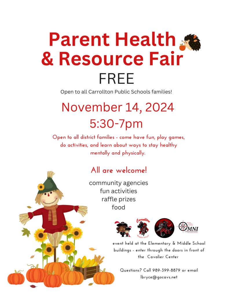 Graphic with scarecrow and harvest images that says "Family Health & Resource Fair November 14, 2024, 5:30 - 7pm. All are welcome!  Free!"