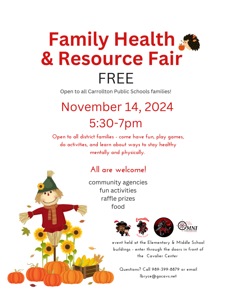family health & resource fair FREE Open to all Carrollton Public Schools families! FREE November 14, 2024 5:30 - 7pm