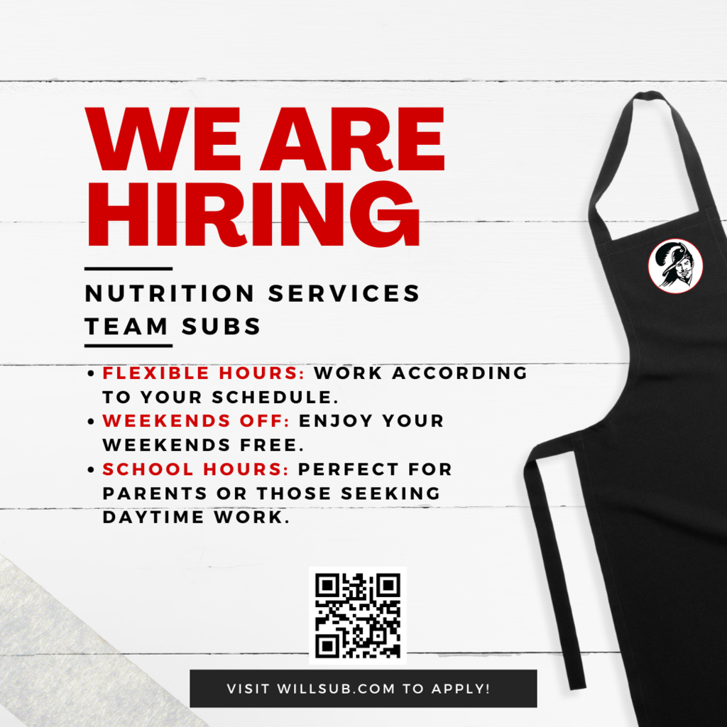 graphic that says “We are hiring Nutirtion Services Ream Subs Flexible Hours: - Work according to your schedule. - Weekends Off: Enjoy your weekends free. - School Hours: Perfect for parents or those seeking daytime work.Visit willsub.com to apply!”