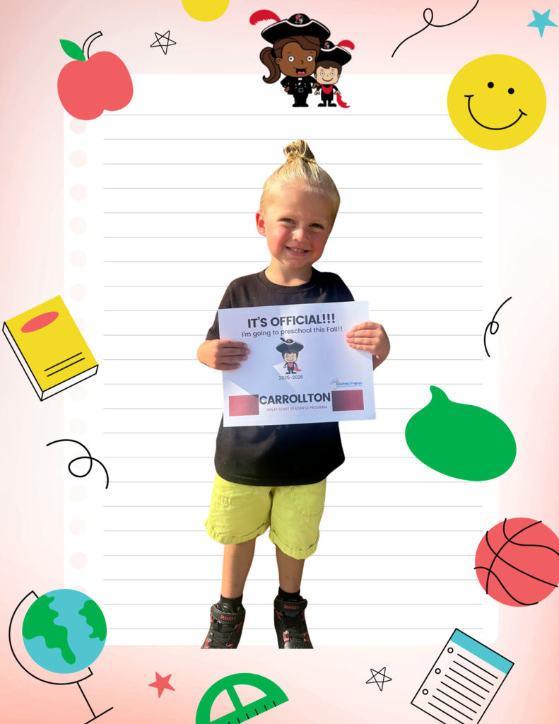 A young child with blonde hair in a top knot smiles while holding a sign that reads, “IT’S OFFICIAL!!! I’m going to preschool this Fall!!! 2025–2026 Carrollton Great Start Readiness Program,” with a cartoon pirate mascot and the Great Start Readiness Program logo. The child wears a black shirt, bright yellow shorts, and black sneakers with red details. The background features a lined paper graphic with playful illustrations including apples, a basketball, a globe, a book, a yellow smiley face, and cartoon pirate characters.