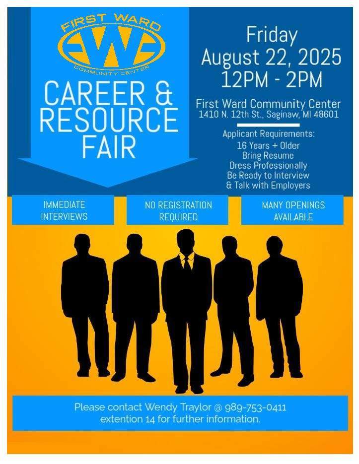 Flyer for the First Ward Community Center Career & Resource Fair. The event is on Friday, August 22, 2025, from 12 PM to 2 PM at First Ward Community Center, 1410 N. 12th St., Saginaw, MI 48601. Requirements: applicants must be 16 or older, bring a resume, dress professionally, and be ready to interview and talk with employers. Highlights include immediate interviews, no registration required, and many openings available. Contact Wendy Traylor at 989-753-0411 ext. 14 for more information. The background includes silhouettes of five people in professional attire against an orange and blue design.