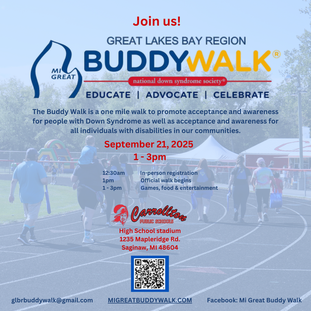 Promotional flyer for the Great Lakes Bay Region Buddy Walk®, organized by the National Down Syndrome Society. The event encourages education, advocacy, and celebration while promoting acceptance and awareness for people with Down Syndrome and all individuals with disabilities.