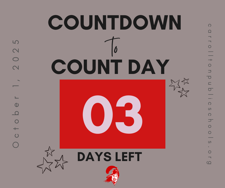Graphic with a gray background that says “Countdown to Count Day.” A large red box in the center displays the number “03” in white, with “Days Left” written below in black. The date “October 1, 2025” runs vertically along the left side, and “carrolltonpublicschools.org” runs vertically along the right side. Black and red star doodles are scattered around, and the Carrollton Cavaliers logo is at the bottom.