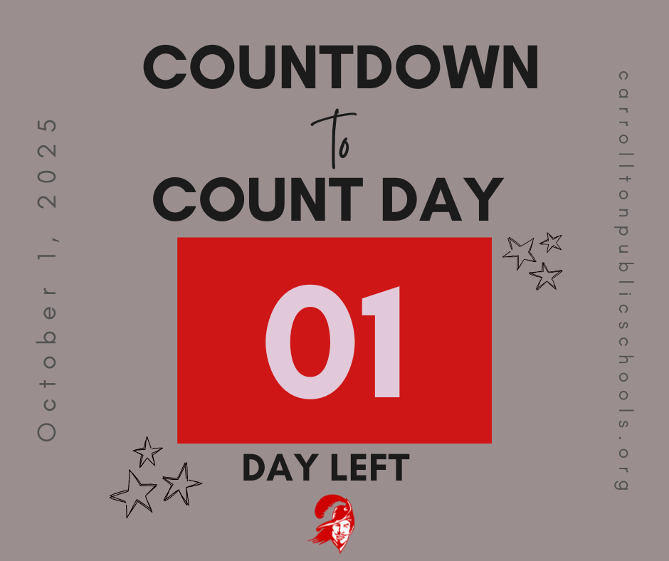 Graphic with a gray background that says “Countdown to Count Day.” A large red box in the center displays the number “01” in white, with “Days Left” written below in black. The date “October 1, 2025” runs vertically along the left side, and “carrolltonpublicschools.org” runs vertically along the right side. Black and red star doodles are scattered around, and the Carrollton Cavaliers logo is at the bottom.
