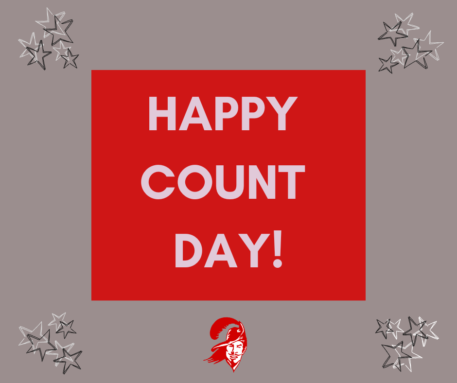 Graphic with a gray background and scattered black and silver star doodles in the corners. In the center, a large red rectangle contains bold white text that reads “HAPPY COUNT DAY!” At the bottom, the Carrollton Cavaliers logo is displayed.