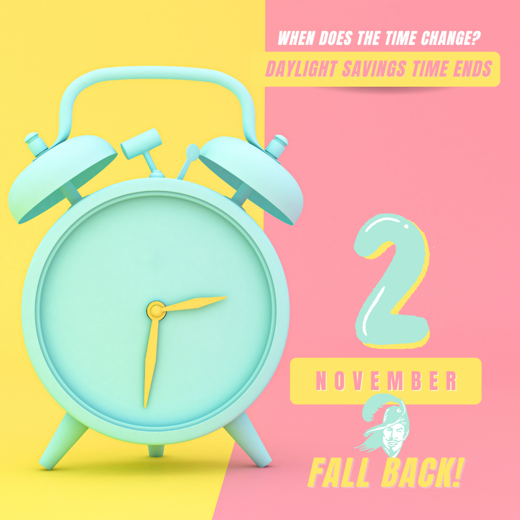 Graphic announcing daylight savings time ending. On the left side is a large teal alarm clock with yellow clock hands against a split yellow and pink background. On the right side, text reads “When does the time change? Daylight Savings Time Ends.” Below it is a large teal and yellow number “2” with the word “November” and the phrase “Fall Back!” along with a small Cavalier head logo. The design uses bright pastel colors.