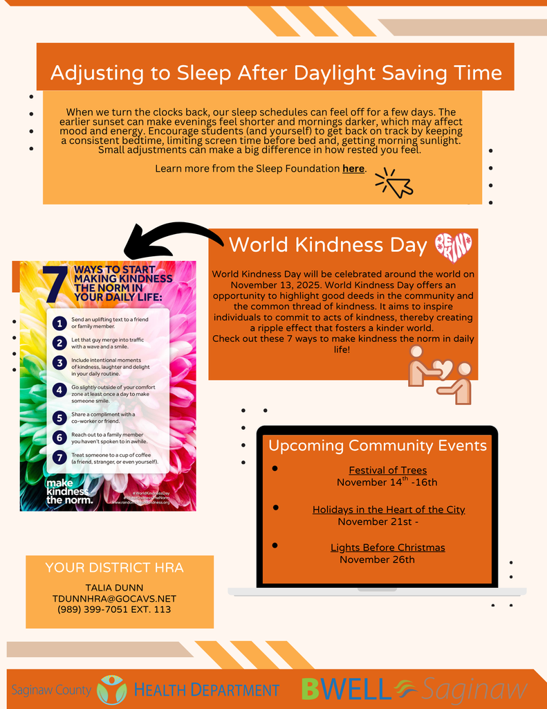 A wellness-themed newsletter page with an orange, cream, and black color scheme, featuring three main topics: sleep adjustment, World Kindness Day, and community events. At the top, a large orange header reads “Adjusting to Sleep After Daylight Saving Time.” Beneath it, an orange text box explains that darker evenings and disrupted routines can affect mood and energy, and encourages consistent bedtimes, reduced screen time, and morning sunlight. A small icon of a clicking hand appears next to text inviting readers to learn more from the Sleep Foundation. In the middle left, a colorful flower-themed graphic titled “7 Ways to Start Making Kindness the Norm in Your Daily Life” lists simple kindness actions. To the right, a box labeled “World Kindness Day” explains that the day will be celebrated worldwide on November 13, 2025, encouraging acts of kindness and community connection. The box includes a small icon of two people with a heart. On the bottom right, an illustration of a laptop screen lists “Upcoming Community Events,” including Festival of Trees (November 14–16), Holidays in the Heart of the City (November 21), and Lights Before Christmas (November 26). At the bottom left, an orange contact box identifies “Your District HRA: Talia Dunn” with email and phone extension. The footer displays logos for the Saginaw County Health Department and BWELL Saginaw.