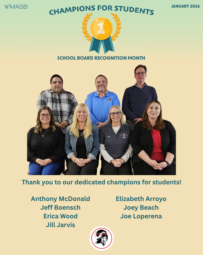 A School Board Recognition Month graphic with the heading “Champions for Students” and the date “January 2026,” featuring a gold medal icon at the top. Below, seven Carrollton Public Schools Board of Education members are pictured in two rows, seated and standing, facing the camera. Text reads, “Thank you to our dedicated champions for students!” The names listed are Anthony McDonald, Jeff Boensch, Erica Wood, Jill Jarvis, Elizabeth Arroyo, Joey Beach, and Joe Loperena. The MASB logo appears in the top corner, and the Carrollton Cavaliers logo is shown at the bottom.