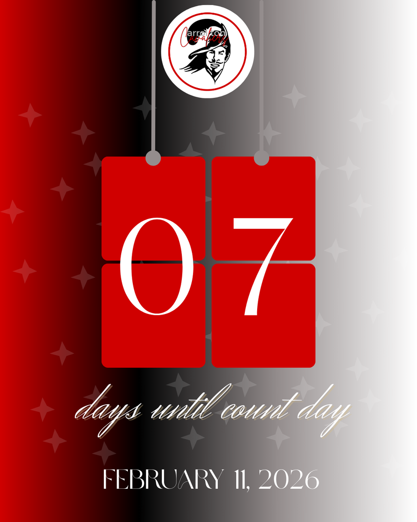 Graphic showing two red hanging calendar tiles with the number “07,” representing seven days until count day. Above the tiles is the Carrollton Cavaliers logo. Text below reads “days until count day” and “February 11, 2026.” Background fades from red to black to light gray with subtle star accents.