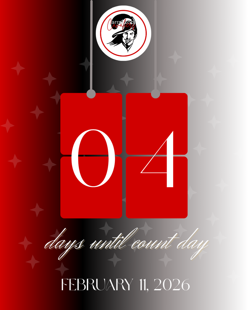 Graphic showing two red hanging calendar tiles with the number “04,” representing four days until count day. Above the tiles is the Carrollton Cavaliers logo. Text below reads “days until count day” and “February 11, 2026.” Background fades from red to black to light gray with subtle star accents.