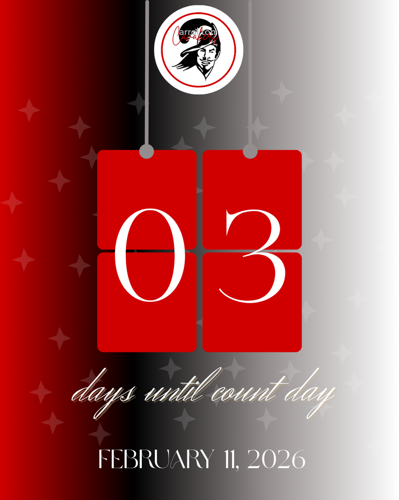 Graphic showing two red hanging calendar tiles with the number “03,” representing three days until count day. Above the tiles is the Carrollton Cavaliers logo. Text below reads “days until count day” and “February 11, 2026.” Background fades from red to black to light gray with subtle star accents.