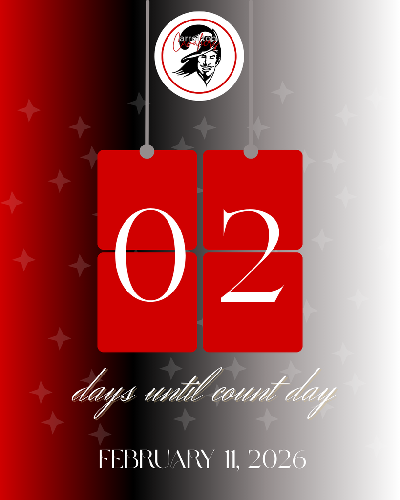 Graphic showing two red hanging calendar tiles with the number “02,” representing two days until count day. Above the tiles is the Carrollton Cavaliers logo. Text below reads “days until count day” and “February 11, 2026.” Background fades from red to black to light gray with subtle star accents.