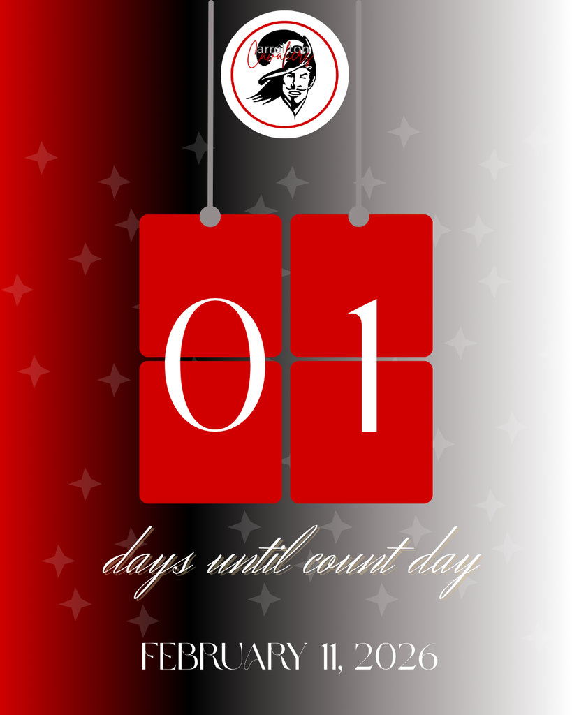 Alt text: Graphic showing two red hanging calendar tiles with the number “01,” representing one day until count day. Above the tiles is the Carrollton Cavaliers logo. Text below reads “days until count day” and “February 11, 2026.” Background fades from red to black to light gray with subtle star accents.
