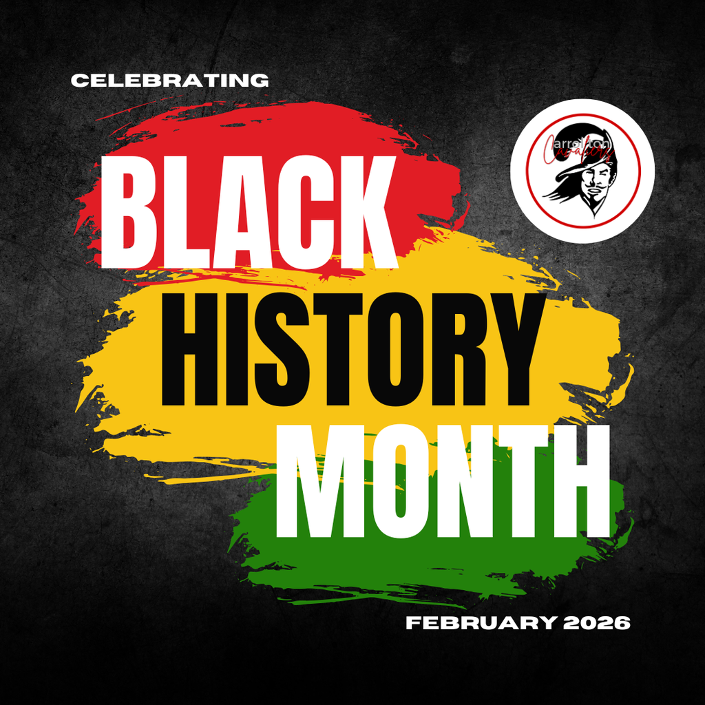 Graphic celebrating Black History Month with the words “Celebrating Black History Month” displayed over red, yellow, and green paint strokes on a dark textured background. The Carrollton Cavaliers logo appears in the top right corner, and text at the bottom reads “February 2026.”