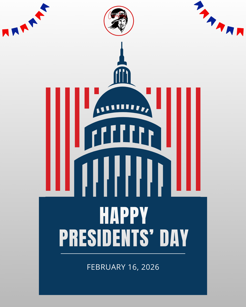 A red, white, and blue Presidents’ Day graphic featuring a stylized illustration of the U.S. Capitol building. Red vertical stripes flank the Capitol, with patriotic bunting at the top corners. A small circular Cavalier logo appears above the Capitol dome. Text at the bottom reads, “Happy Presidents’ Day” and “February 16, 2026.”