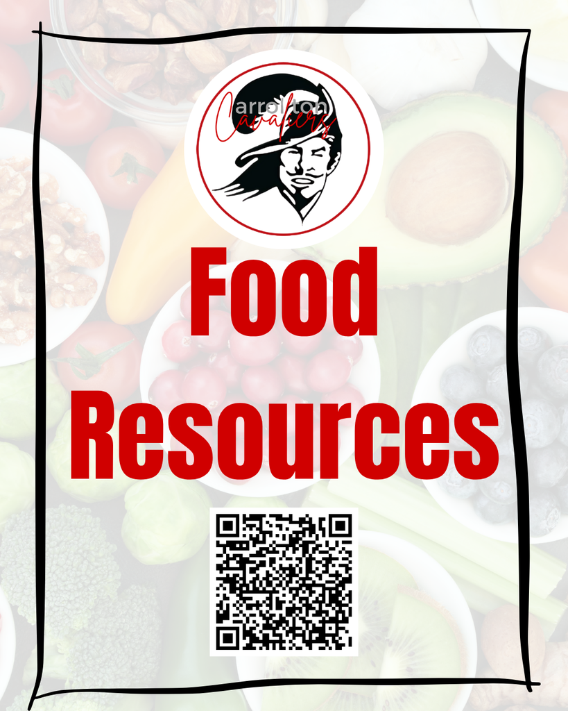 Changes to SNAP benefits may affect some households in our community. We’re here to help. ❤️ 🍽️ Free hot meals after school  Starting Nov. 3, 2025, students of Carrollton Public Schools can receive a free, nutritious meal after school at: JB Griffin ECC Carrollton Middle School Carrollton High School Omni High School (Meals must be eaten in the cafeteria.) 🔗 Need support?  We’ve put together a list of local food resources and community programs to help: https://docs.google.com/document/d/1sJI0I0obJysOXjtp9KRi1N8hmXy9Xo1QnttSnHPsJOM/edit?usp=sharing If you have questions or need assistance, please reach out to your school. We’re here for you, Cavaliers!  ❤️🤍🖤#theCavalierdifference #BuildingStrongerTogether #CavalierPride Alt Text: A flyer with a faint background of fresh foods like fruits and vegetables. At the top center is the Carrollton Cavaliers logo, featuring the face of a Cavalier in black and red inside a white circle. Below the logo, large bold red text reads “Food Resources.” At the bottom center of the flyer is a QR code for accessing food resource information. A hand-drawn black border surrounds the design.