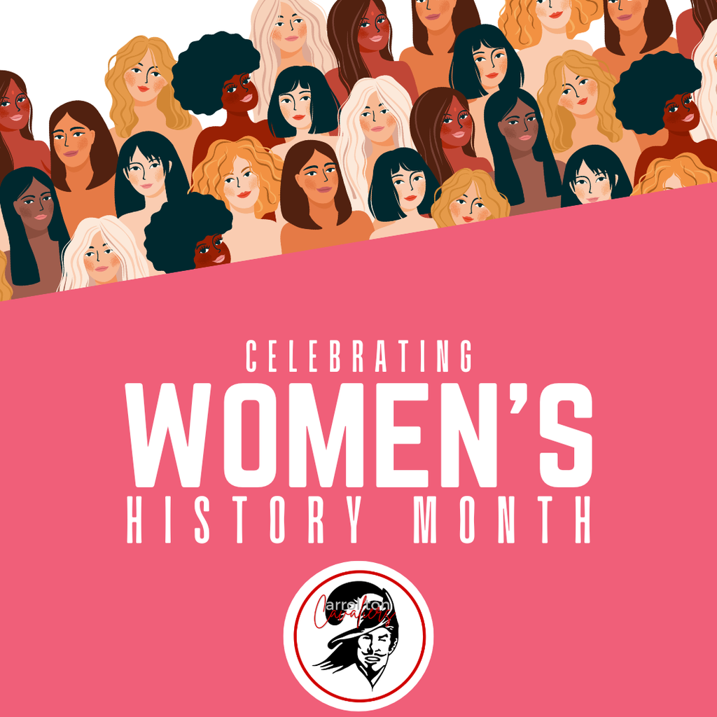 Illustrated graphic celebrating Women’s History Month. The top portion shows a diverse group of women with different skin tones, hairstyles, and expressions. Below, on a pink background, large white text reads “Celebrating Women’s History Month.” The Carrollton Cavaliers logo appears at the bottom.