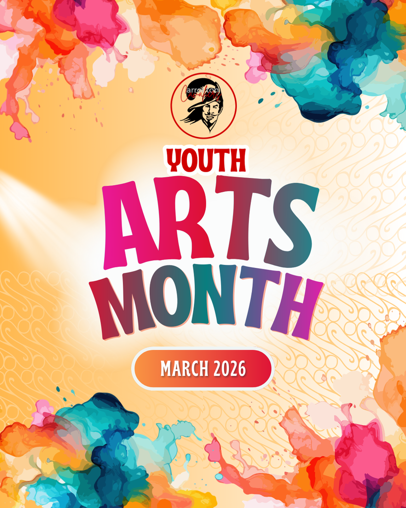 Colorful graphic celebrating Youth Arts Month. The background features bright watercolor paint splashes in pink, orange, blue, and teal. At the top is the Carrollton Cavaliers logo. Large multicolored text reads “Youth Arts Month,” with a red banner below that says “March 2026.”