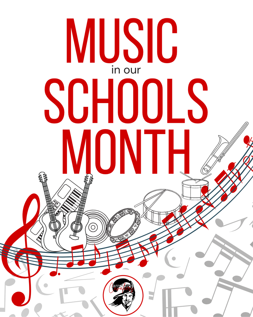 White graphic with bold red text reading “Music in Our Schools Month.” Black-and-red illustrations of musical instruments—including guitars, keyboard, drum, tambourine, and trumpet—appear along a curved music staff with red notes. The Carrollton Cavaliers logo is shown at the bottom.