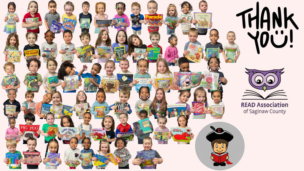 Collage of dozens of smiling young children holding up their favorite picture books in several rows against a light background. The children appear to be preschool or early elementary age and represent diverse backgrounds. On the right side of the image, large text reads “Thank You!” next to the purple owl logo of the Read Association of Saginaw County. Below it is a cartoon Cavalier-style character wearing a hat with a “C” and reading a red book. The image celebrates reading and expresses gratitude to the Read Association of Saginaw County for supporting young readers.