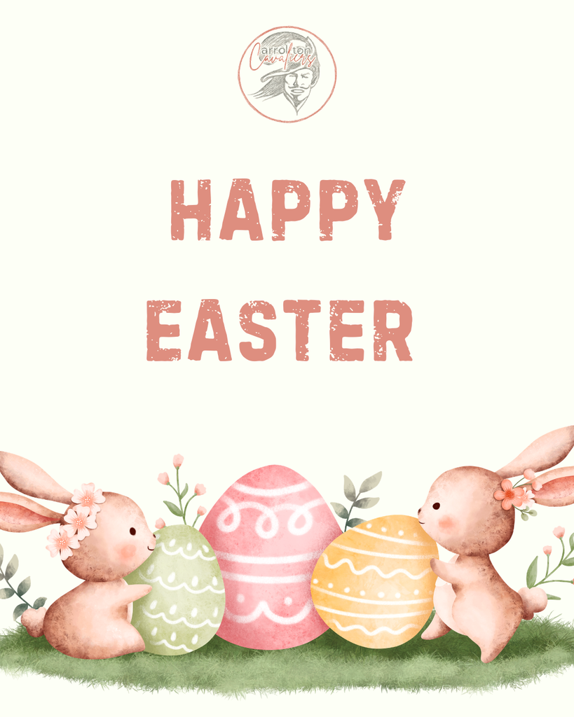 Graphic with the Carrollton Cavaliers logo at the top and the words “Happy Easter” in large letters in the center. At the bottom, two illustrated bunnies sit in the grass beside three decorated Easter eggs in green, pink, and yellow. The bunnies have flowers by their ears and appear to be admiring the eggs.