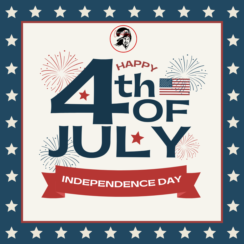 Patriotic Independence Day graphic featuring a navy-blue border decorated with white stars surrounding a cream-colored background. In the center, large text reads “Happy 4th of July,” with the number 4 prominently displayed in navy blue. Red and blue fireworks burst around the text, and a small American flag appears near the word “of.” A red ribbon banner across the bottom reads “Independence Day” in white letters. The Carrollton Public Schools Cavalier logo is displayed at the top center. The design uses red, white, and blue colors to celebrate the Fourth of July.