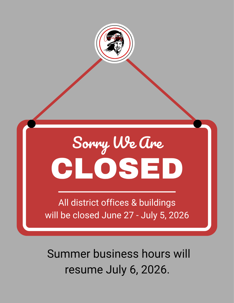 Graphic with a gray background featuring a red hanging "Closed" sign with the Carrollton Cavaliers logo at the top. The sign reads, "Sorry We Are CLOSED." Below, it states, "All district offices & buildings will be closed June 27 – July 5, 2026." Beneath the sign, black text reads, "Summer business hours will resume July 6, 2026."