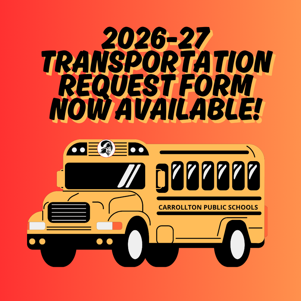 Graphic with a red-to-orange gradient background featuring large black text that reads, “2026–27 Transportation Request Form Now Available!” Below the text is a cartoon-style yellow school bus labeled “Carrollton Public Schools” with the district’s Cavalier logo on the front. The design uses bold lettering with a shadow effect to draw attention to the transportation announcement. 