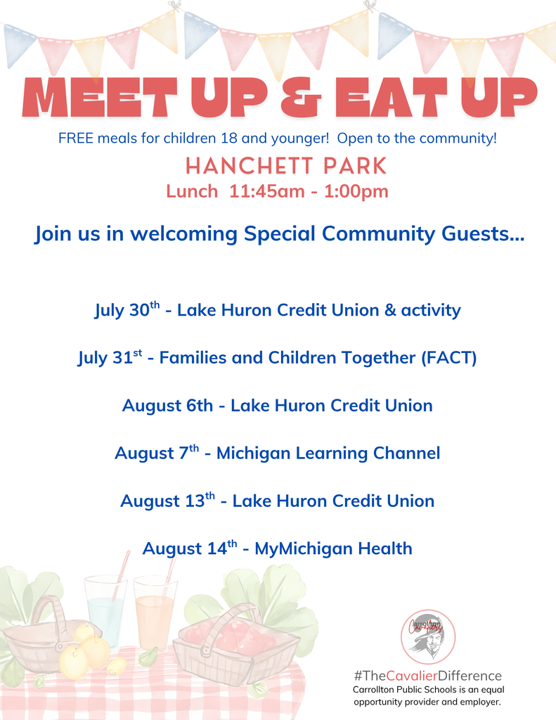 Flyer promoting Meet Up & Eat Up at Hanchett Park, offering free lunch for children ages 18 and younger from 11:45 a.m.–1 p.m., open to the community. Special community guests include Lake Huron Credit Union with an activity on July 30, Families and Children Together (FACT) on July 31, Lake Huron Credit Union on August 6, Michigan Learning Channel on August 7, Lake Huron Credit Union on August 13, and MyMichigan Health on August 14.