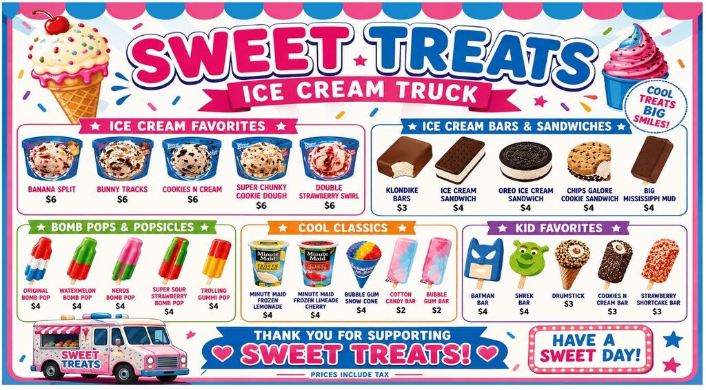 A colorful pink, blue, and white menu for the Sweet Treats Ice Cream Truck featuring ice cream, frozen treats, and popsicles. Ice cream favorites include Banana Split, Bunny Tracks, Cookies N Cream, Super Chunky Cookie Dough, and Double Strawberry Swirl for $6 each. Ice cream bars and sandwiches range from $3–$4 and include Klondike Bars, Ice Cream Sandwiches, Oreo Ice Cream Sandwiches, Chips Galore Cookie Sandwiches, and Big Mississippi Mud bars. Bomb Pops and popsicles are $4 each, with flavors including Original, Watermelon, Nerds, Super Sour Strawberry, and Trolling Gummi. Cool Classics include Minute Maid frozen lemonade and limeade cherry, Bubble Gum Snow Cone, Cotton Candy Bar, and Bubble Gum Bar for $2–$4. Kid favorites include Batman and Shrek bars for $4 and Drumstick, Cookies N Cream, and Strawberry Shortcake bars for $3. The bottom features a pink Sweet Treats ice cream truck and the messages “Thank you for supporting Sweet Treats!” and “Have a sweet day!” Prices include tax.