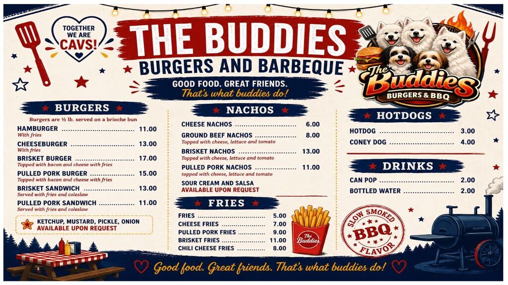 A vintage-style red, white, and navy menu for The Buddies Burgers and Barbeque, featuring the slogan “Good food. Great friends. That’s what buddies do!” The menu includes burgers and sandwiches such as hamburgers, cheeseburgers, brisket burgers, pulled pork burgers, brisket sandwiches, and pulled pork sandwiches ($11–$17); nachos including cheese, ground beef, brisket, and pulled pork ($6–$13); fries including regular, cheese, pulled pork, brisket, and chili cheese fries ($5–$11); hot dogs ($3–$4); and canned pop and bottled water ($2). Sour cream, salsa, and burger toppings are available upon request. The design features the Buddies logo with five dogs, grilling graphics, string lights, a picnic table, and a barbecue smoker.