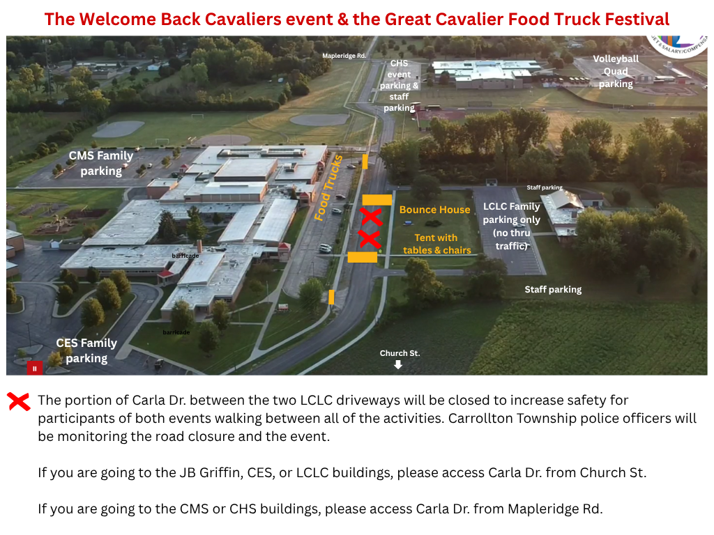 Aerial map showing parking, traffic flow, and activity locations for the Welcome Back Cavaliers event and Great Cavalier Food Truck Festival. Family parking is designated near Carrollton Middle School (CMS), Carrollton Elementary School (CES), and LCLC, with CHS event and staff parking near the high school and additional parking at the volleyball quad. Food trucks, a bounce house, and a tent with tables and chairs are located along Carla Drive between the school buildings. A portion of Carla Drive between the two LCLC driveways will be closed to vehicle traffic for participant safety, with Carrollton Township police monitoring the closure and event. Families visiting JB Griffin, CES, or LCLC should access Carla Drive from Church Street. Families visiting CMS or CHS should access Carla Drive from Mapleridge Road.