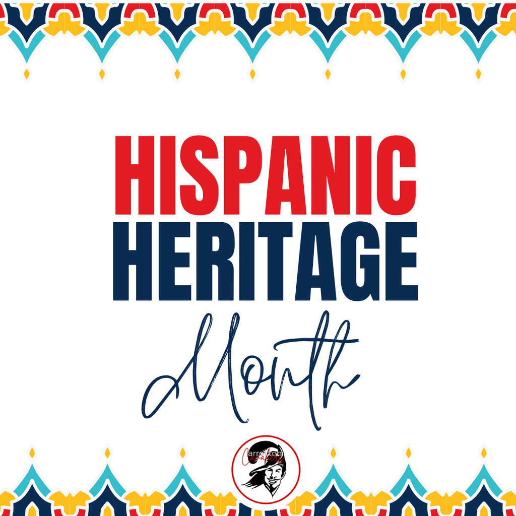 Graphic celebrating Hispanic Heritage Month featuring the words “Hispanic Heritage Month” in large red and navy lettering on a white background. A colorful decorative pattern in red, gold, turquoise, and navy borders the top and bottom, with the Carrollton Public Schools Cavalier logo centered near the bottom.