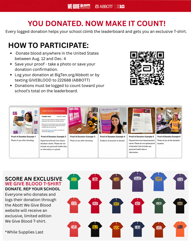 Promotional flyer for the Abbott and Big Ten “We Give Blood” campaign. Blood donors can help their school climb the leaderboard and receive an exclusive college T-shirt while supplies last. To participate, donate blood anywhere in the United States between August 12 and December 4, save proof of the donation, and log it at BigTen.org/Abbott or text GIVEBLOOD to 222688 (ABBOTT). Donations must be logged to count toward a school’s total. The flyer includes a QR code, examples of acceptable proof of donation, and images of limited-edition T-shirts representing participating Big Ten schools.