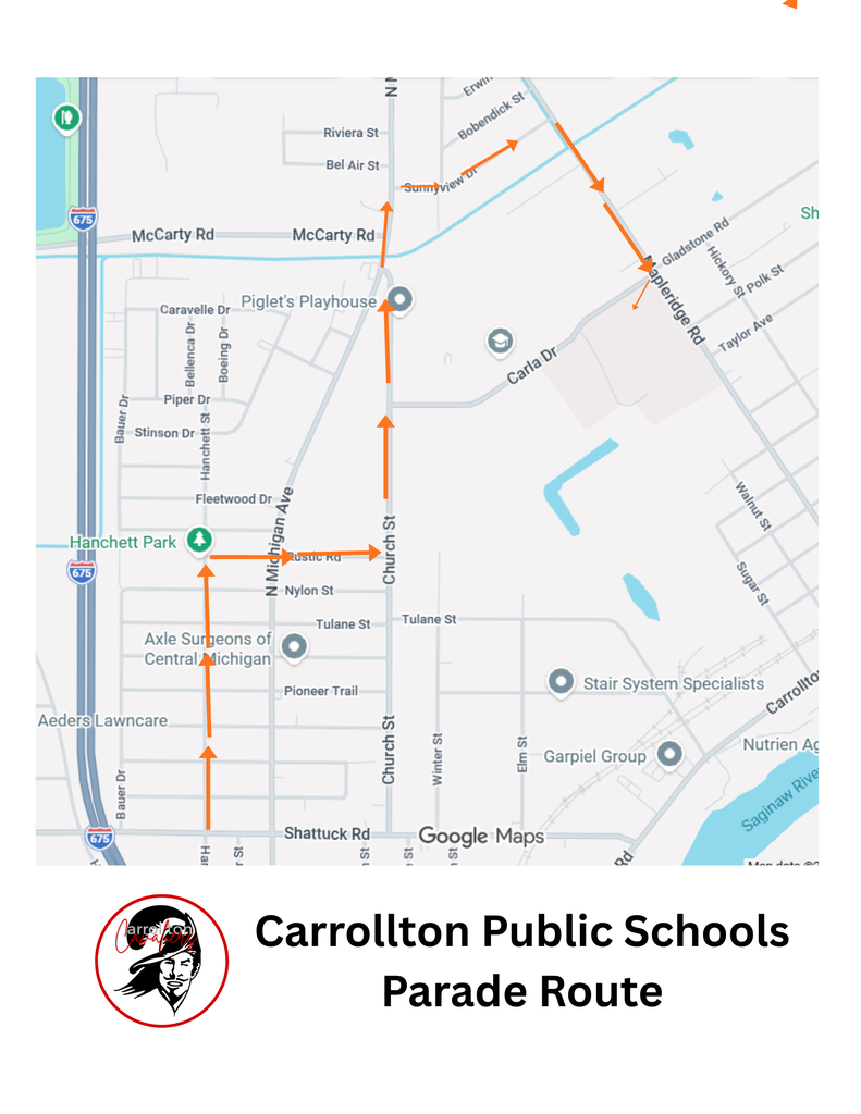 Map showing the Carrollton Public Schools Homecoming Parade route. Orange arrows begin near Shattuck Road, travel north on Hanchett Street, east on Rustic Road to Church Street, north across McCarty Road, then continue northeast along Sunnyview Drive and Bobendick Street before heading southeast on Maple Ridge Road toward Carla Drive. The Carrollton Cavaliers logo and the words “Carrollton Public Schools Parade Route” appear below the map.