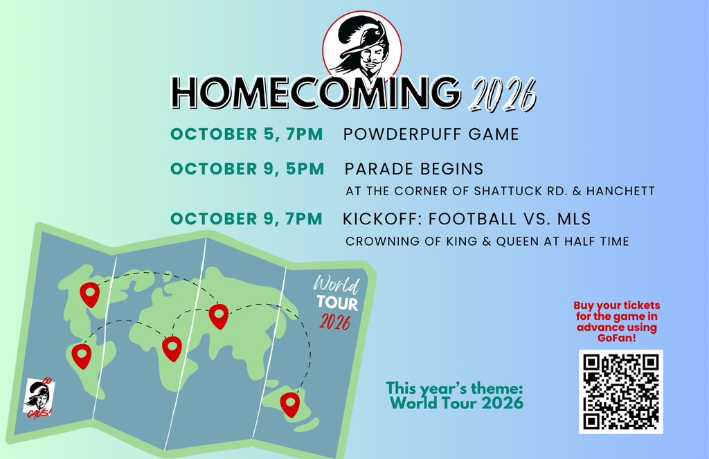 Carrollton High School Homecoming 2026 flyer featuring the theme “World Tour 2026.” Events include the Powderpuff Game on October 5 at 7 p.m.; the Homecoming Parade on October 9 at 5 p.m., beginning at the corner of Shattuck Road and Hanchett; and the Homecoming football game versus MLS on October 9 at 7 p.m., with the King and Queen crowned at halftime. A QR code is included to purchase game tickets in advance through GoFan. The flyer features the Cavalier logo and a colorful illustrated world map with travel markers.