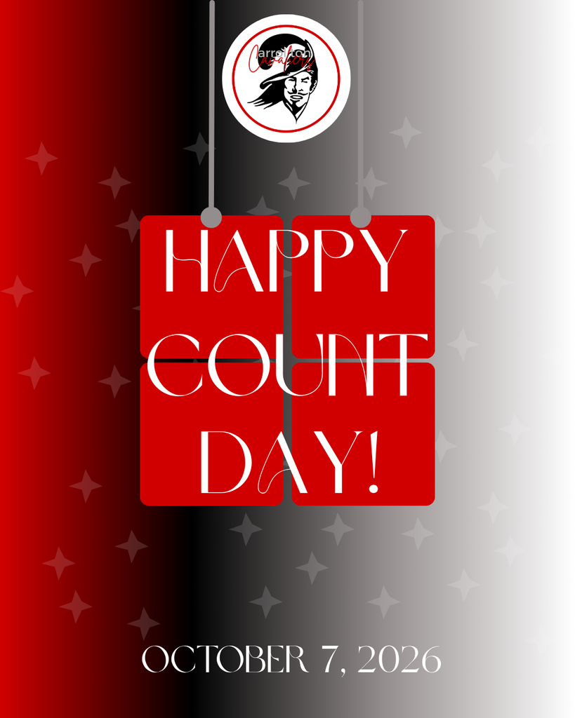 Carrollton Cavaliers Count Day graphic in red, black, gray, and white featuring the Cavaliers logo at the top. A large red calendar-style display reads “Happy Count Day!” The date October 7, 2026, appears at the bottom.