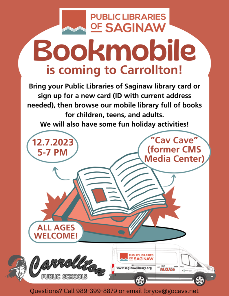 flier for Public Libraries of Saginaw Bookmobile at Carrollton Public Schools on December 7th