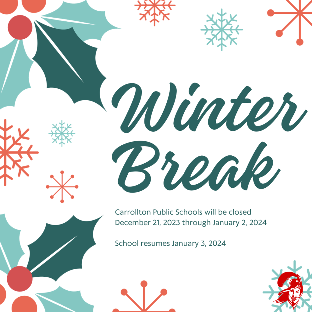 graphic with holly and snowflakes advertising winter break dates