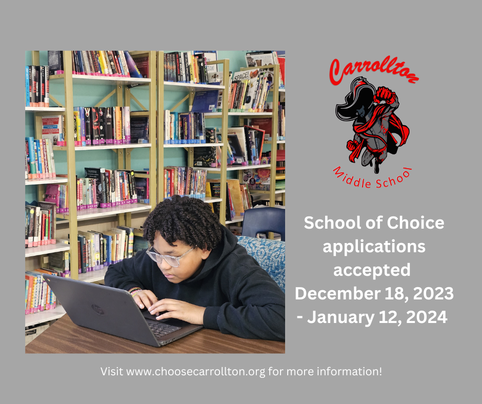 school of choice graphic with a student reading on a Chrombook