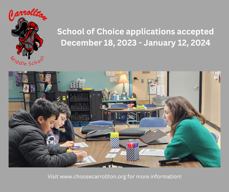 photo of a teacher and two students working together on a graphic with school of choice information
