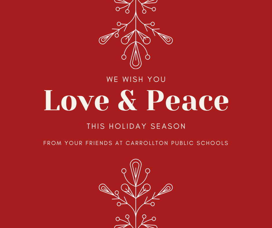 red graphic that says "we wish you love & peace this holiday season"