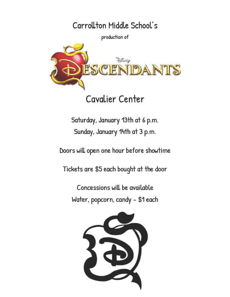 Carrollton Middle School's production of Disney's Descendants flier