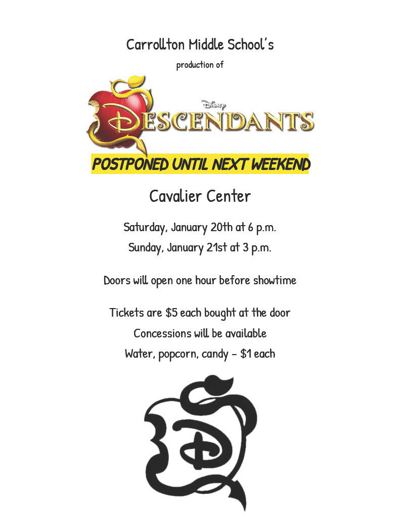 Carrollton Middle School's production of Disney's Descendants flier