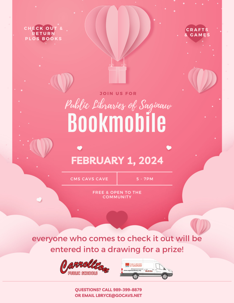 flier with snowmen and shades of green advertising the Public Libraries of Saginaw Bookmobile at Carrollton Public Schools on February 1st