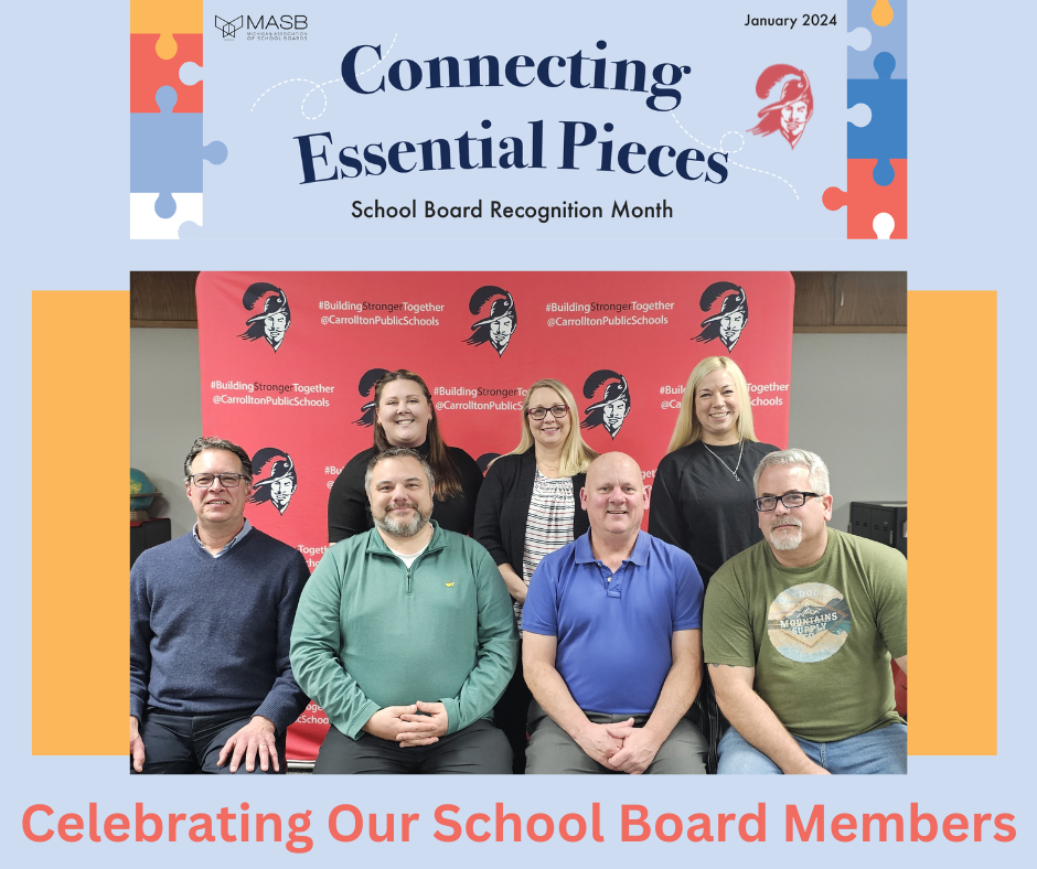 graphic that says "Connecting Essential Pieces" and "celebrating our school board members"  with a photo of the CPS board members