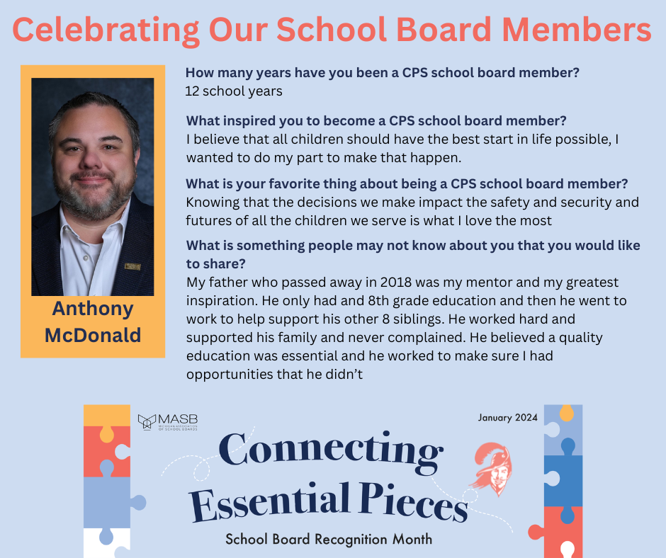 graphic with a photo recognizing a CPS school board member