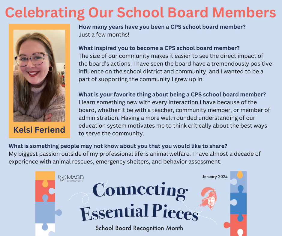 graphic with a photo recognizing a CPS school board member