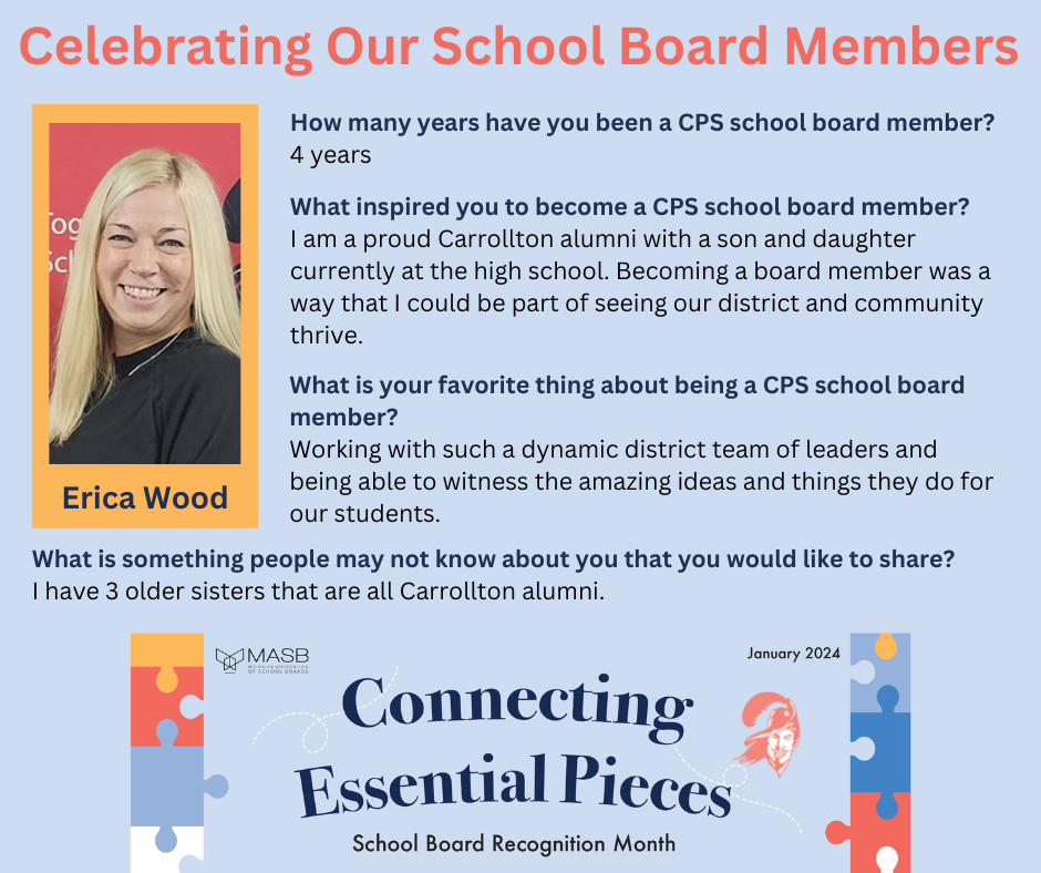 graphic with a photo recognizing a CPS school board member
