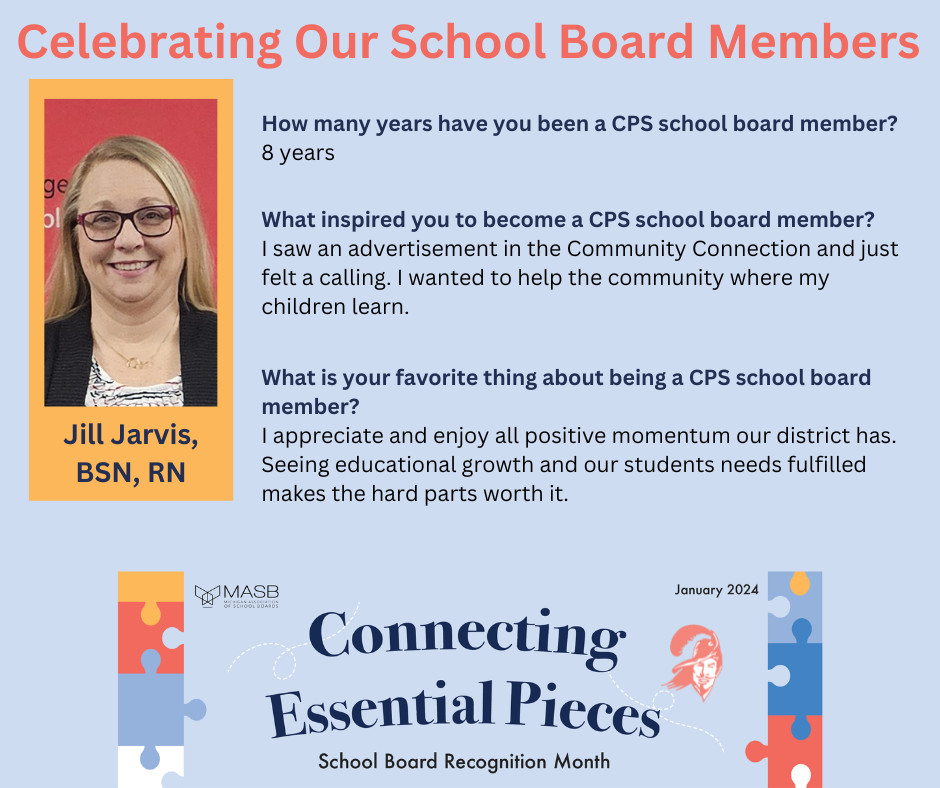 graphic with a photo recognizing a CPS school board member
